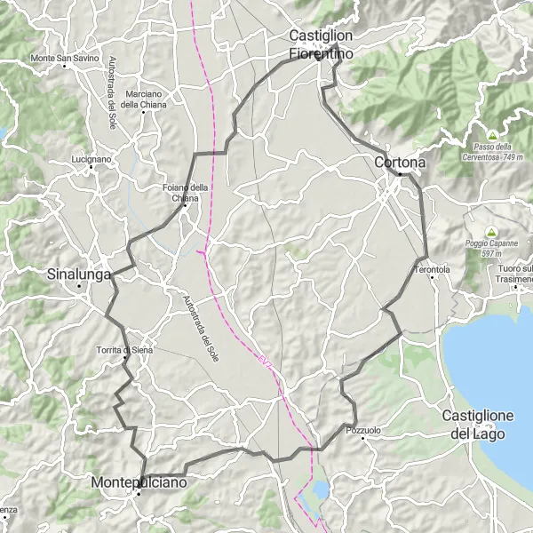 Miniaturní mapa "Trasa Castiglion Fiorentino" inspirace pro cyklisty v oblasti Toscana, Italy. Vytvořeno pomocí plánovače tras Tarmacs.app