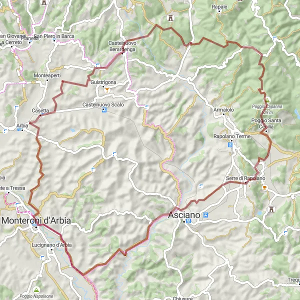 Map miniature of "Gravel Cycling Adventure around Monteroni d'Arbia" cycling inspiration in Toscana, Italy. Generated by Tarmacs.app cycling route planner