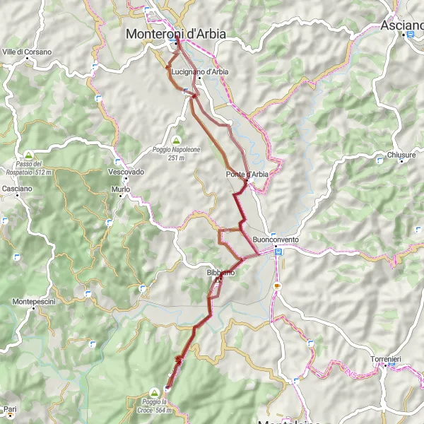 Miniature de la carte de l'inspiration cycliste "Les collines de Monteroni d'Arbia en gravier" dans la Toscana, Italy. Générée par le planificateur d'itinéraire cycliste Tarmacs.app