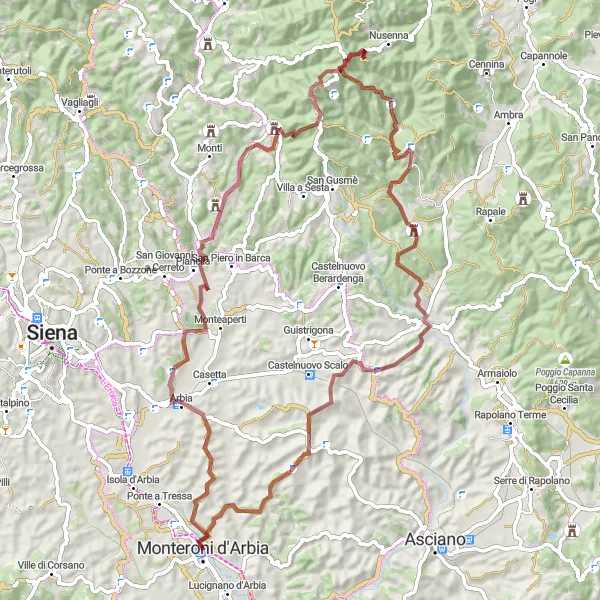Miniatuurkaart van de fietsinspiratie "Monteroni d'Arbia - Presciano - Monte Luco" in Toscana, Italy. Gemaakt door de Tarmacs.app fietsrouteplanner