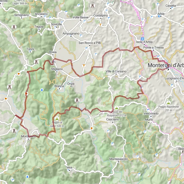 Mapa miniatúra "Scenic Gravel Route to Mulino Fortificato" cyklistická inšpirácia v Toscana, Italy. Vygenerované cyklistickým plánovačom trás Tarmacs.app