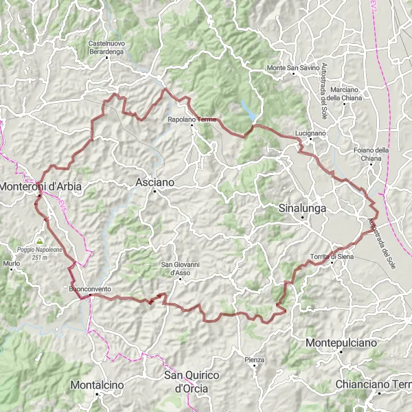 Map miniature of "Ultimate Gravel Challenge: Monteroni d'Arbia to Lucignano d'Asso" cycling inspiration in Toscana, Italy. Generated by Tarmacs.app cycling route planner