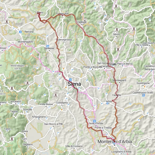Miniatua del mapa de inspiración ciclista "Ruta de Grava a través de Palazzo Spannocchi y Poggio Serravalle" en Toscana, Italy. Generado por Tarmacs.app planificador de rutas ciclistas
