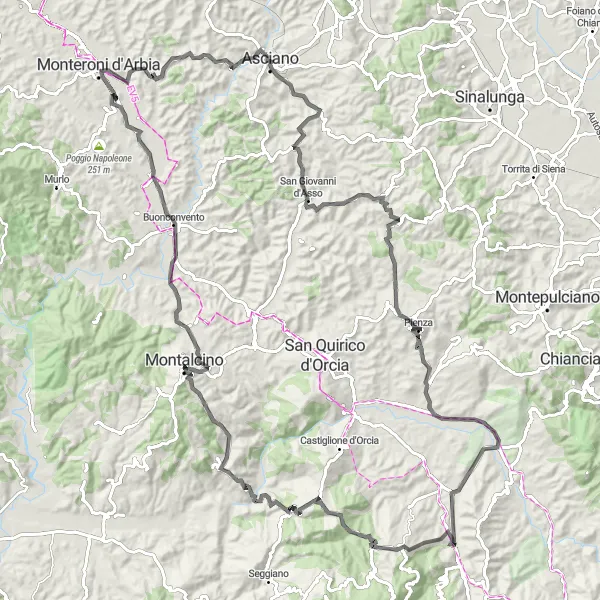 Miniatua del mapa de inspiración ciclista "Ruta de ciclismo de carretera por Monteroni d'Arbia" en Toscana, Italy. Generado por Tarmacs.app planificador de rutas ciclistas