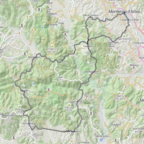 Kartminiatyr av "Monteroni d'Arbia till Torniella" cykelinspiration i Toscana, Italy. Genererad av Tarmacs.app cykelruttplanerare