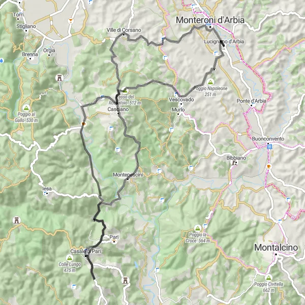 Miniatura mapy "Cycling Adventure to Bagni di Petriolo" - trasy rowerowej w Toscana, Italy. Wygenerowane przez planer tras rowerowych Tarmacs.app