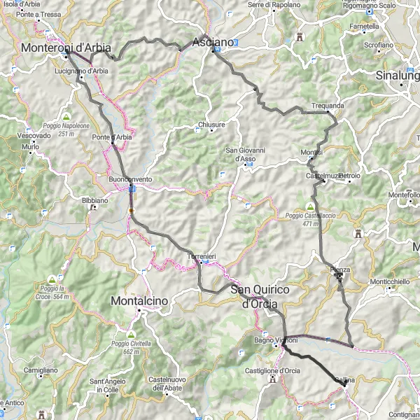 Map miniature of "Road Cycling Beauty: From Monteroni d'Arbia to Bagno Vignoni" cycling inspiration in Toscana, Italy. Generated by Tarmacs.app cycling route planner