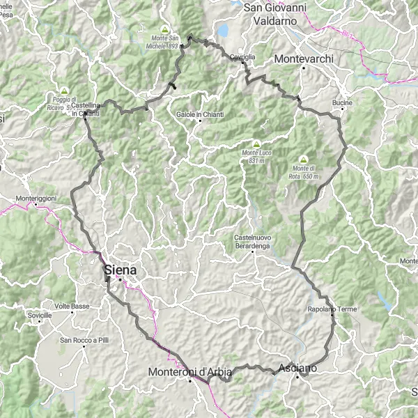 Miniatua del mapa de inspiración ciclista "Ruta de Carretera a través de Colle Malamerenda y Cavriglia" en Toscana, Italy. Generado por Tarmacs.app planificador de rutas ciclistas