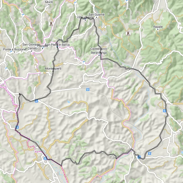 Miniatua del mapa de inspiración ciclista "Ruta de Carretera a través de Isola d'Arbia y San Piero in Barca" en Toscana, Italy. Generado por Tarmacs.app planificador de rutas ciclistas