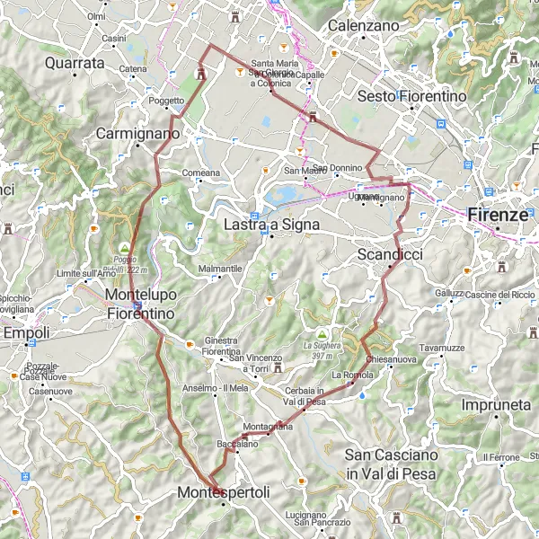 Map miniature of "Gravel Through Montelupo Fiorentino, Campi Bisenzio, Scandicci, and La Poggiona" cycling inspiration in Toscana, Italy. Generated by Tarmacs.app cycling route planner