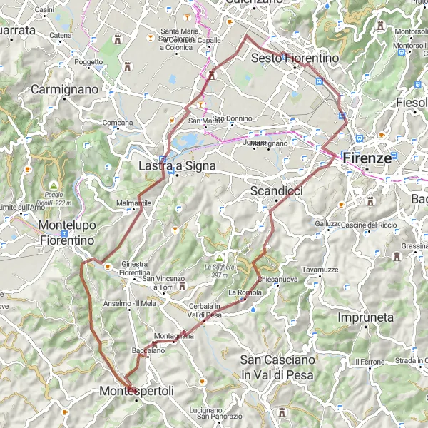 Mapa miniatúra "Scenic Gravel Route through Colle Malmantile" cyklistická inšpirácia v Toscana, Italy. Vygenerované cyklistickým plánovačom trás Tarmacs.app