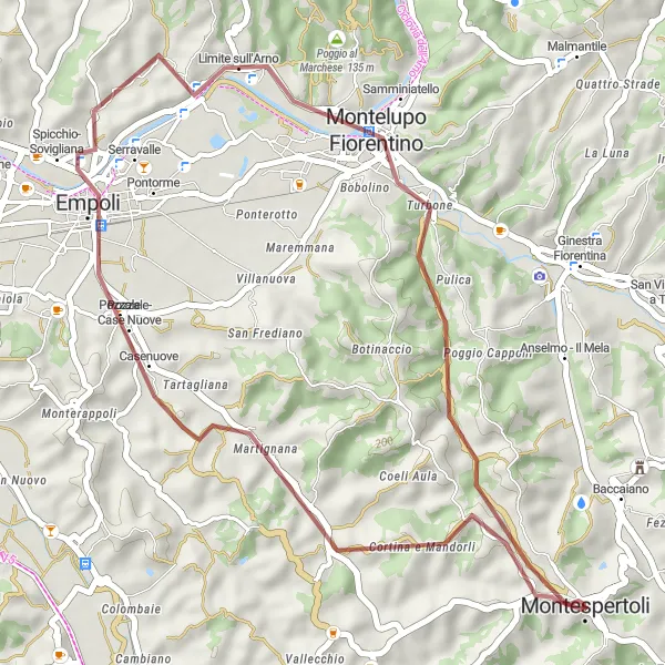 Kartminiatyr av "Oppdagelse av Montereggi på grusvei" sykkelinspirasjon i Toscana, Italy. Generert av Tarmacs.app sykkelrutoplanlegger