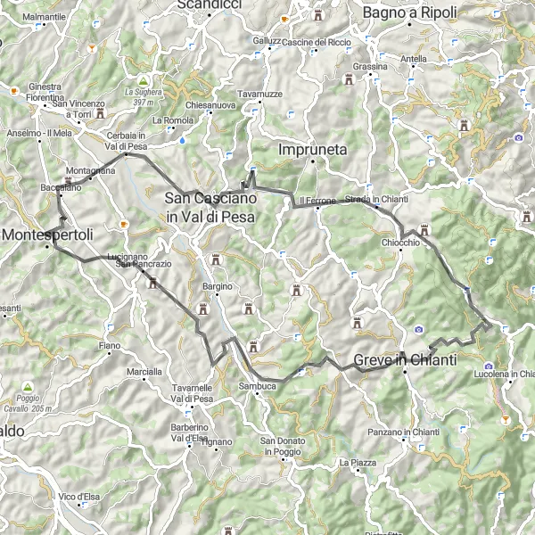 Map miniature of "Road Cycling in San Casciano in Val di Pesa, Chiocchio, Poggio di Rugliana, and Greve in Chianti" cycling inspiration in Toscana, Italy. Generated by Tarmacs.app cycling route planner