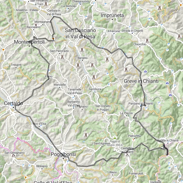 Map miniature of "Ultimate Road Cycling Challenge via San Casciano in Val di Pesa, Greve in Chianti, and Radda in Chianti" cycling inspiration in Toscana, Italy. Generated by Tarmacs.app cycling route planner