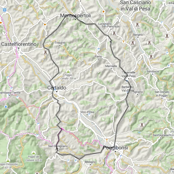 Map miniature of "Scenic Road Cycling through Tavarnelle Val di Pesa, Poggibonsi, and San Gimignano" cycling inspiration in Toscana, Italy. Generated by Tarmacs.app cycling route planner