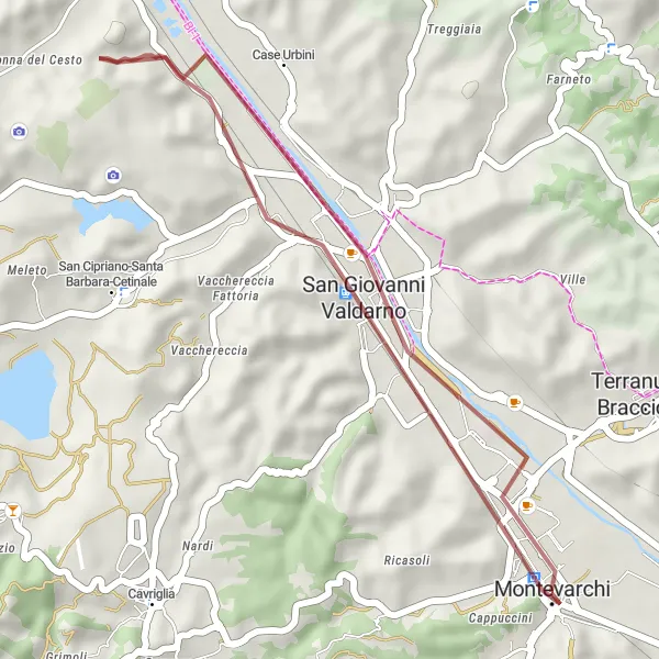 Mapa miniatúra "Short Gravel Loop to San Giovanni Valdarno" cyklistická inšpirácia v Toscana, Italy. Vygenerované cyklistickým plánovačom trás Tarmacs.app