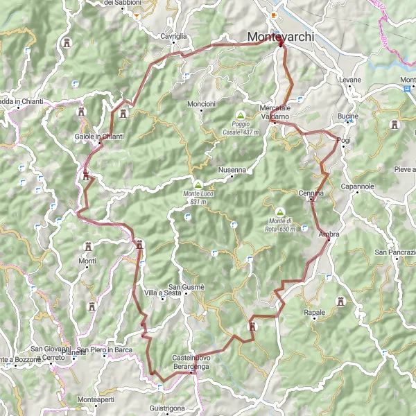 Map miniature of "Pogi to Cavriglia Gravel Adventure (Gravel)" cycling inspiration in Toscana, Italy. Generated by Tarmacs.app cycling route planner