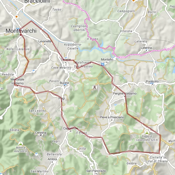 Miniatura della mappa di ispirazione al ciclismo "Esplorazione in bicicletta da Montevarchi a Badia Agnano" nella regione di Toscana, Italy. Generata da Tarmacs.app, pianificatore di rotte ciclistiche
