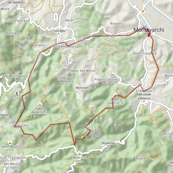 Miniatura della mappa di ispirazione al ciclismo "Montevarchi - Rendola - Barbischio Circuit" nella regione di Toscana, Italy. Generata da Tarmacs.app, pianificatore di rotte ciclistiche