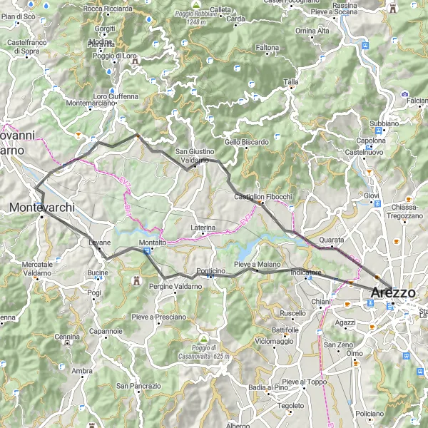 Mapa miniatúra "Montevarchi to Arezzo Road Cycling Route" cyklistická inšpirácia v Toscana, Italy. Vygenerované cyklistickým plánovačom trás Tarmacs.app