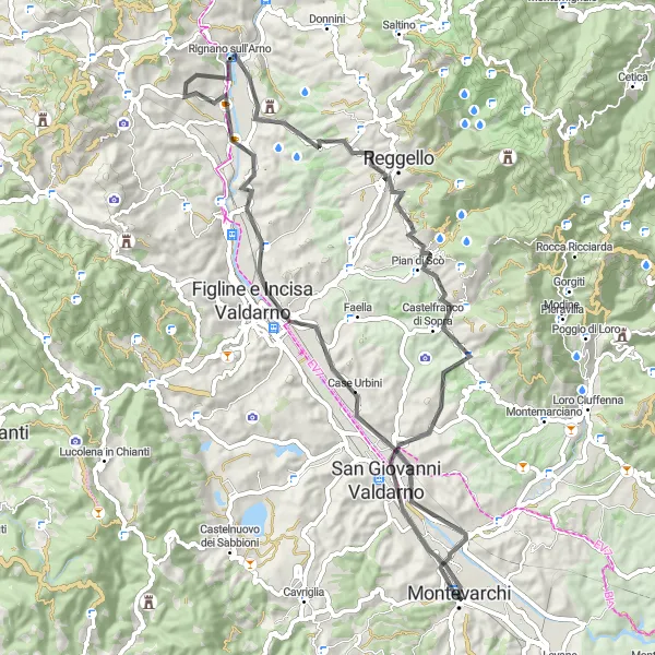Miniatua del mapa de inspiración ciclista "Ruta en Carretera por los alrededores de Montevarchi" en Toscana, Italy. Generado por Tarmacs.app planificador de rutas ciclistas