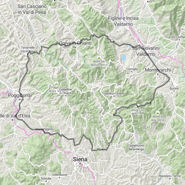 Mapa miniatúra "Výzva okolo Chianti" cyklistická inšpirácia v Toscana, Italy. Vygenerované cyklistickým plánovačom trás Tarmacs.app