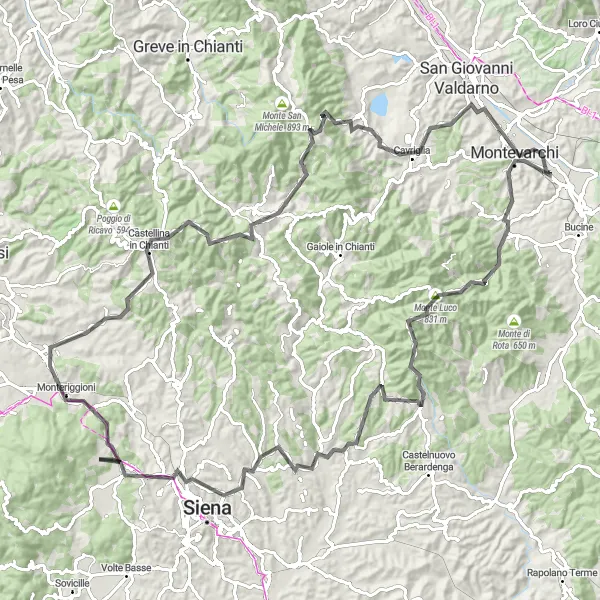 Miniatura della mappa di ispirazione al ciclismo "Montevarchi - Castellina in Chianti Loop" nella regione di Toscana, Italy. Generata da Tarmacs.app, pianificatore di rotte ciclistiche