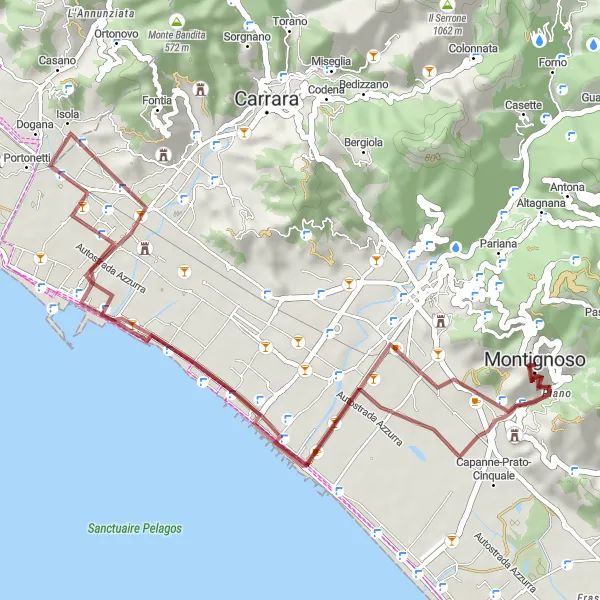 Kartminiatyr av "Grustur til Marina di Carrara" sykkelinspirasjon i Toscana, Italy. Generert av Tarmacs.app sykkelrutoplanlegger