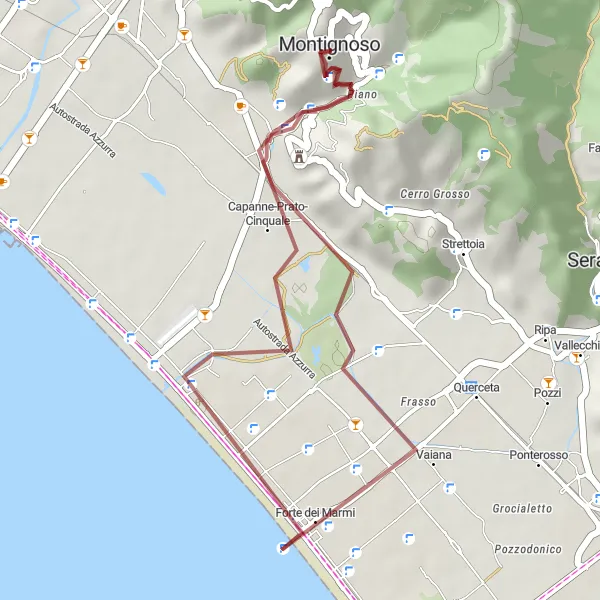 Miniatua del mapa de inspiración ciclista "Ruta de grava desde Montignoso" en Toscana, Italy. Generado por Tarmacs.app planificador de rutas ciclistas