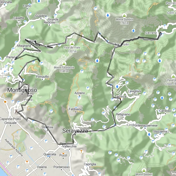 Miniature de la carte de l'inspiration cycliste "Escapade Cycliste jusqu'à Seravezza" dans la Toscana, Italy. Générée par le planificateur d'itinéraire cycliste Tarmacs.app