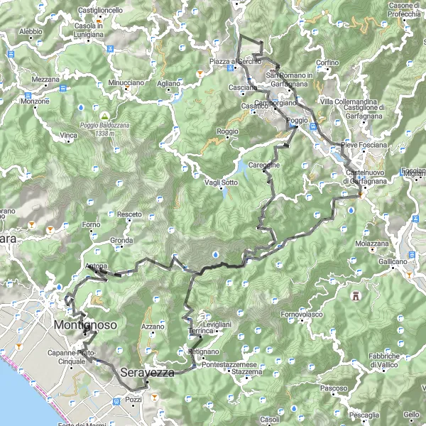 Map miniature of "Riding to New Heights: Montignoso Mountain Loop" cycling inspiration in Toscana, Italy. Generated by Tarmacs.app cycling route planner