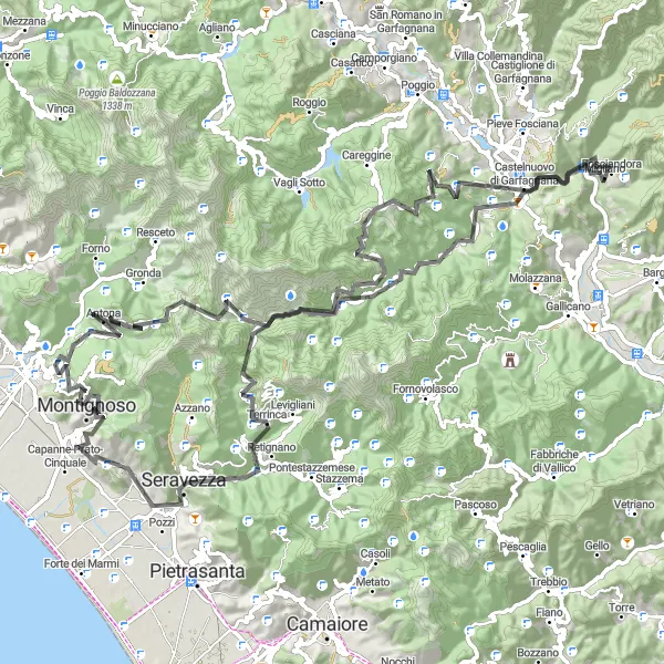Miniatua del mapa de inspiración ciclista "Ruta de ciclismo de carretera por Montignoso y alrededores" en Toscana, Italy. Generado por Tarmacs.app planificador de rutas ciclistas