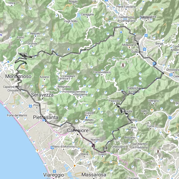 Miniatua del mapa de inspiración ciclista "Ruta por carretera desde Montignoso hasta Castello Aghinolfi" en Toscana, Italy. Generado por Tarmacs.app planificador de rutas ciclistas