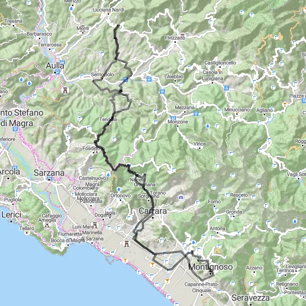 Kartminiatyr av "Från Montignoso till Carrara" cykelinspiration i Toscana, Italy. Genererad av Tarmacs.app cykelruttplanerare