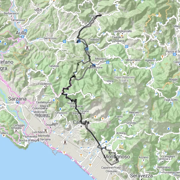 Miniatuurkaart van de fietsinspiratie "Fietsroute van Monte di Pasta naar Montignoso" in Toscana, Italy. Gemaakt door de Tarmacs.app fietsrouteplanner