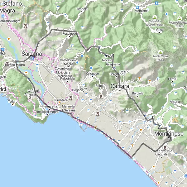 Karttaminiaatyyri "Montignoso - Toscana pyöräilyreitti" pyöräilyinspiraatiosta alueella Toscana, Italy. Luotu Tarmacs.app pyöräilyreittisuunnittelijalla