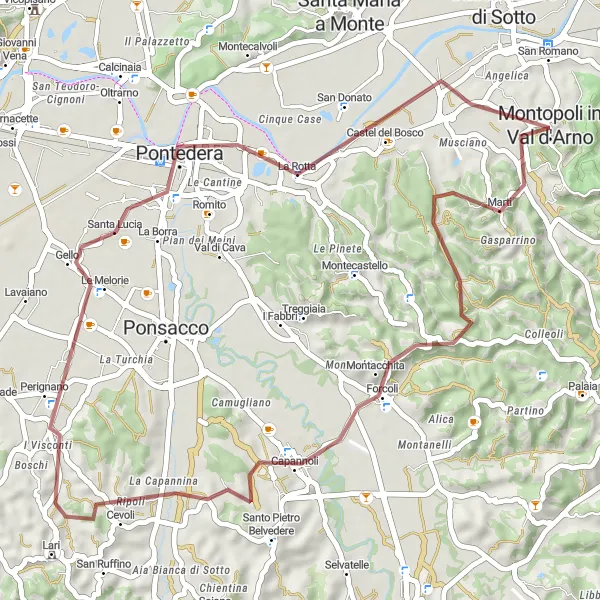 Mapa miniatúra "Gravel okruh Ponetederou a Capannoli" cyklistická inšpirácia v Toscana, Italy. Vygenerované cyklistickým plánovačom trás Tarmacs.app