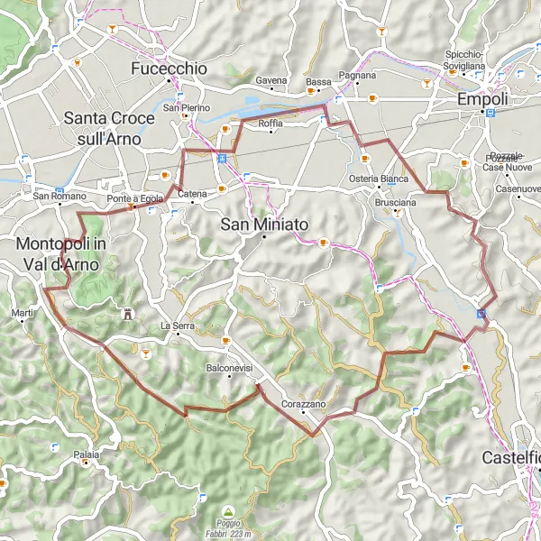 Miniatura della mappa di ispirazione al ciclismo "Giro in Gravel tra Montopoli e la Torre di San Matteo" nella regione di Toscana, Italy. Generata da Tarmacs.app, pianificatore di rotte ciclistiche