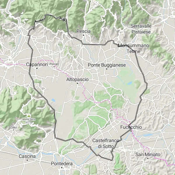 Zemljevid v pomanjšavi "Pustolovska cestna kolesarska pot skozi Toskano" kolesarske inspiracije v Toscana, Italy. Generirano z načrtovalcem kolesarskih poti Tarmacs.app