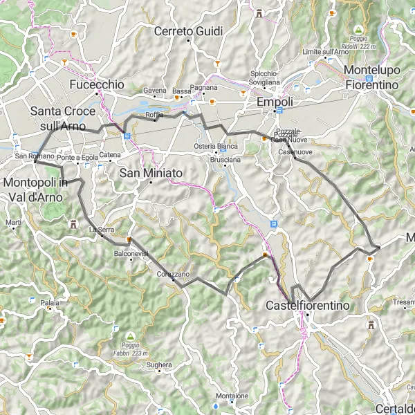 Miniatua del mapa de inspiración ciclista "Ruta de ciclismo de carretera cerca de Montopoli" en Toscana, Italy. Generado por Tarmacs.app planificador de rutas ciclistas