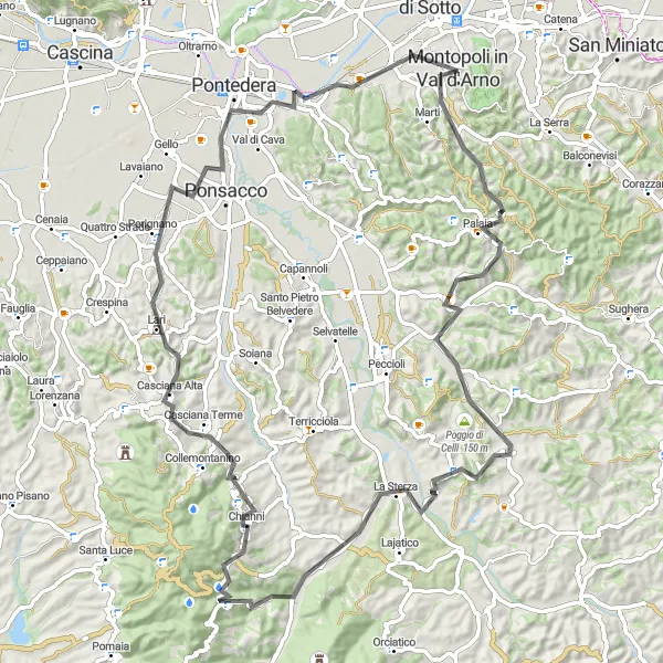 Zemljevid v pomanjšavi "Cestna kolesarska pot do Montopoli-ja" kolesarske inspiracije v Toscana, Italy. Generirano z načrtovalcem kolesarskih poti Tarmacs.app