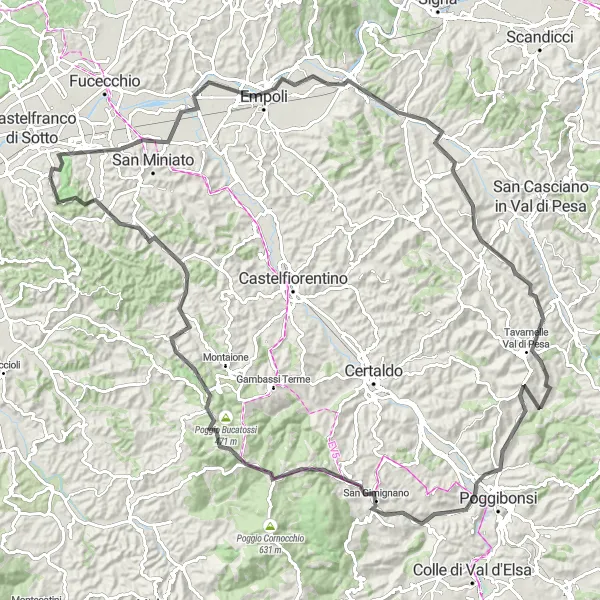 Miniatura della mappa di ispirazione al ciclismo "Avventura ciclistica tra Montopoli e San Gimignano" nella regione di Toscana, Italy. Generata da Tarmacs.app, pianificatore di rotte ciclistiche