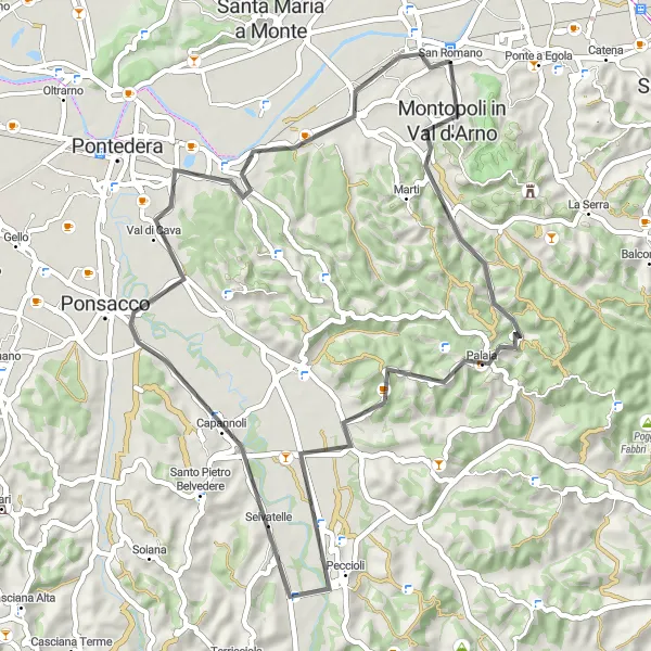 Miniature de la carte de l'inspiration cycliste "Montopoli - Rocca di Palaia Loop" dans la Toscana, Italy. Générée par le planificateur d'itinéraire cycliste Tarmacs.app