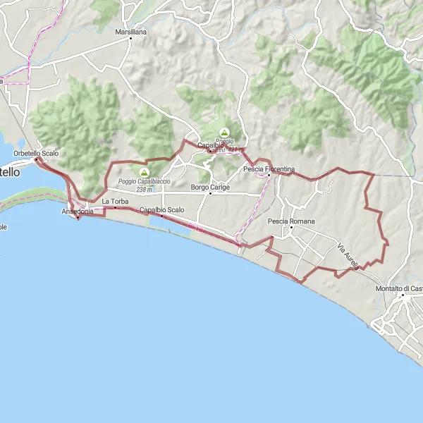 Kartminiatyr av "Grusvägsäventyr till Ansedonia och Chiarone Scalo" cykelinspiration i Toscana, Italy. Genererad av Tarmacs.app cykelruttplanerare