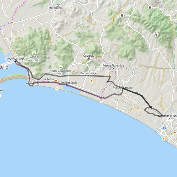 Miniatura della mappa di ispirazione al ciclismo "Giro ciclistico tra Orbetello Scalo e Ansedonia" nella regione di Toscana, Italy. Generata da Tarmacs.app, pianificatore di rotte ciclistiche