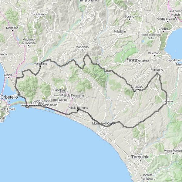 Miniatua del mapa de inspiración ciclista "Ruta de ciclismo de carretera a través de Marsiliana y Tuscania" en Toscana, Italy. Generado por Tarmacs.app planificador de rutas ciclistas