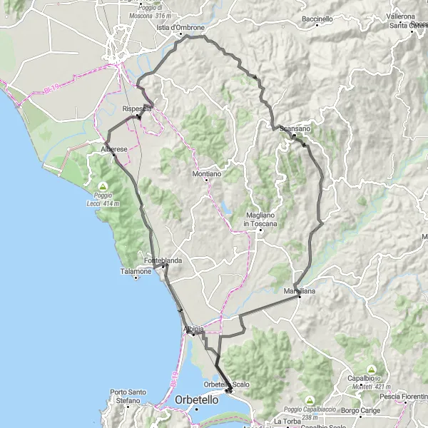 Miniatua del mapa de inspiración ciclista "Cicloturismo por Albinia y el Carril de los Cipreses" en Toscana, Italy. Generado por Tarmacs.app planificador de rutas ciclistas