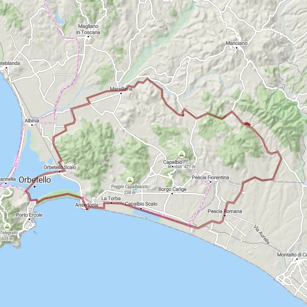 Map miniature of "The Marsiliana Medieval Gravel Exploration" cycling inspiration in Toscana, Italy. Generated by Tarmacs.app cycling route planner