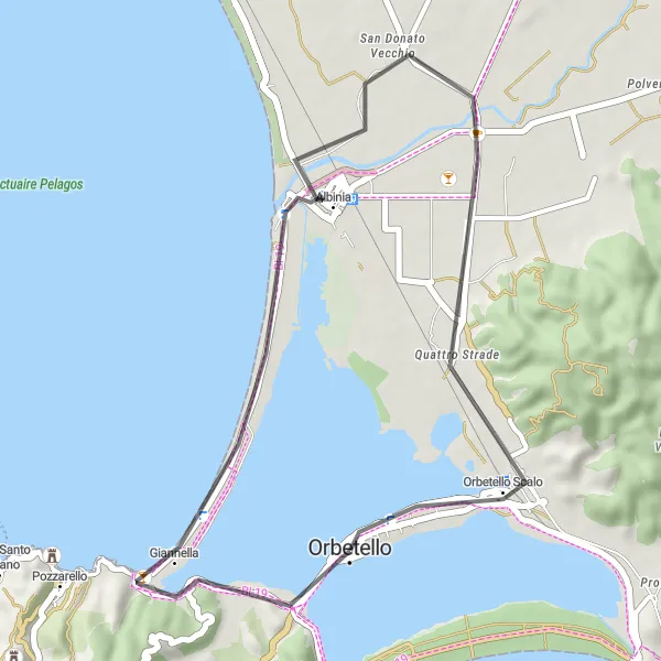 Map miniature of "Orbetello Scalo Ride with Poggio Polveriera and Albinia" cycling inspiration in Toscana, Italy. Generated by Tarmacs.app cycling route planner
