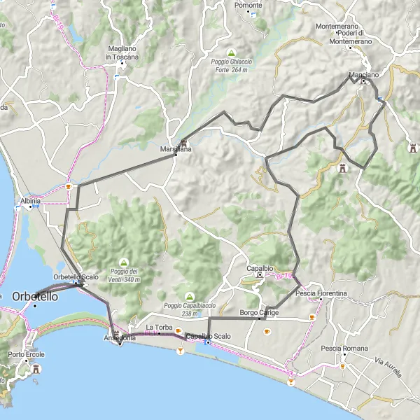 Miniaturní mapa "Okruh kolem Orbetella" inspirace pro cyklisty v oblasti Toscana, Italy. Vytvořeno pomocí plánovače tras Tarmacs.app